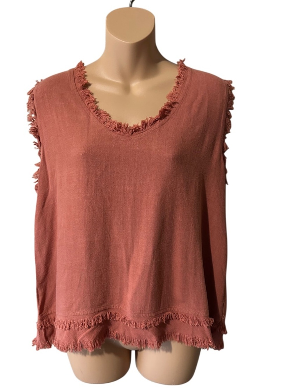 La Miel M Rust Terracotta Fringe Raw Edge Linen Viscose Tank Top Boho